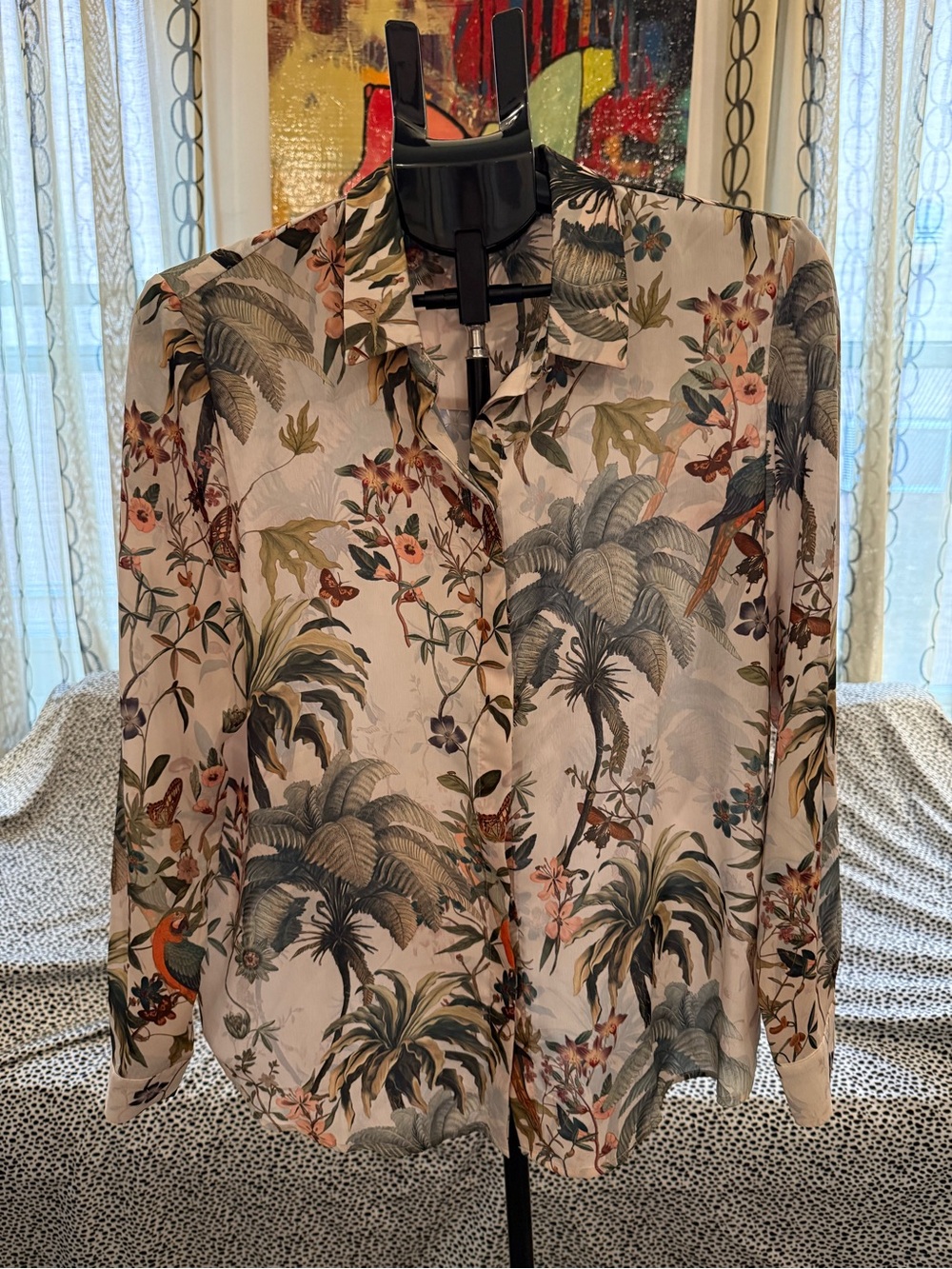 H&M Beige Button-Down Shirt with Green Tropical Print